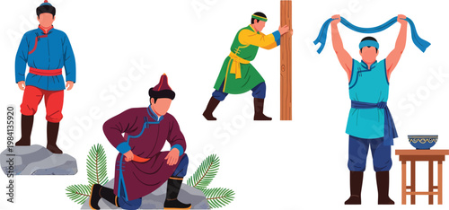 Mongolian men in traditional deel clothing performing cultural rituals and daily tasks vector illustration