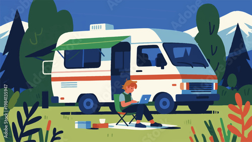 Illustration Of A Person Working With A Laptop In The Open Air Next To A Campervan Vector Design Template