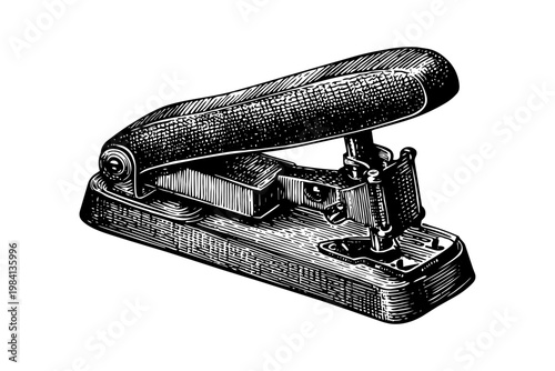 Retro heavy duty office stapler tool in detailed engraving style