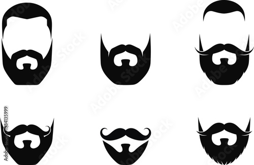 Variety of black silhouette beard styles and mustache shapes collection