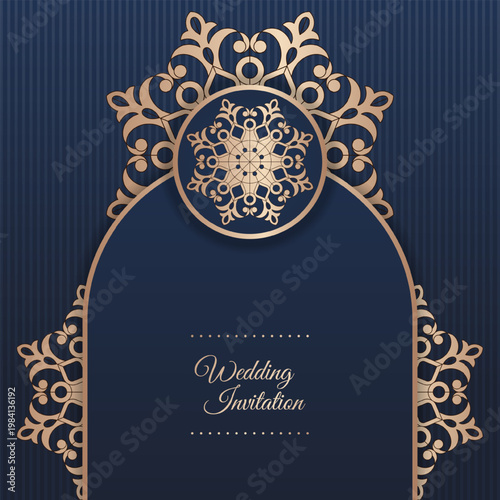 Vintage Golden Mandala Ornament on Dark Blue Background for Elegant Wedding Invitation Card