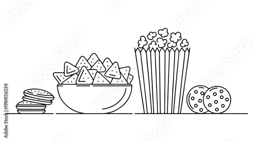 Assortment of snacks - popcorn nachos cookies with junk food finger food snack time line art party food fast food comfort food appetizers