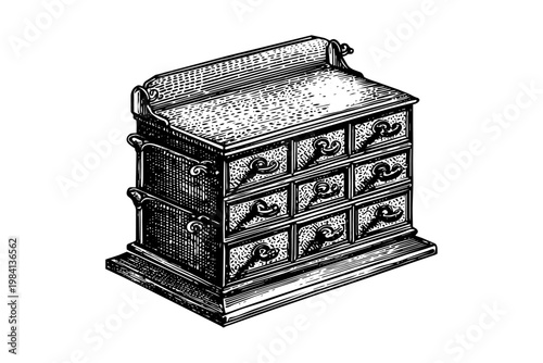 Classic wooden apothecary cabinet with drawers vintage woodcut vector illustration for interior design and storage concept