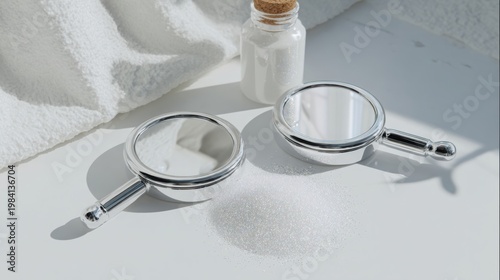 Two shiny chrome handheld mirrors with padded grips resting beside a pile of white crystals and a small glass jar