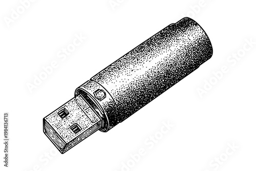 USB flash drive engraved style vector illustration, digital storage device with detailed texture