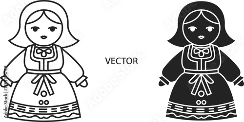 Traditional folk doll vector icons featuring outline and solid silhouette designs for cultural graphic design projects