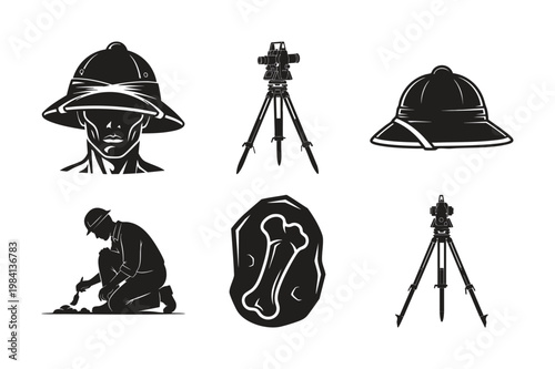 Archaeologist tools and discovery silhouette set bundle.