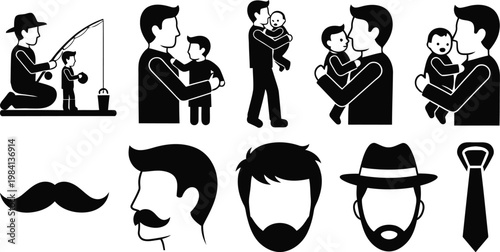 Black and white silhouettes of men facial hair and father son moments