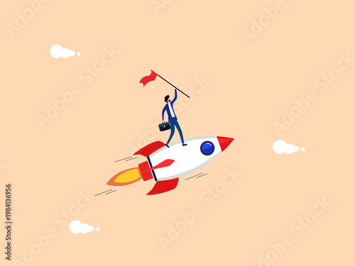 businessman stands holding a flag on top of a soaring rocket