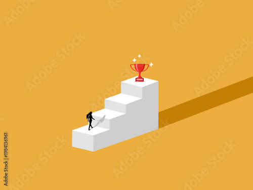 businesswoman walked up the stairs to the trophy