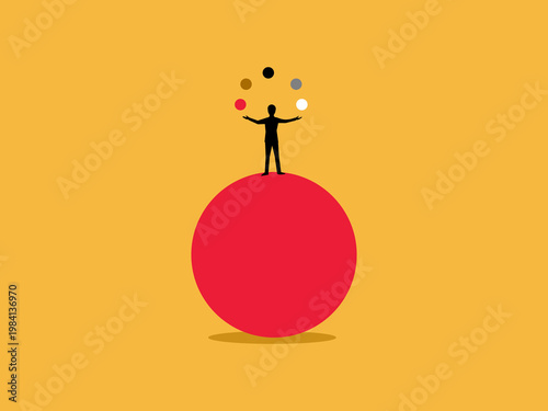 Busy with work, businessman is juggling several balls while balancing on a large ball