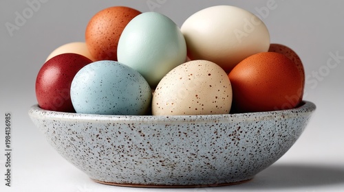 Close Up Studio Shot of Fresh Multi Colored Chicken Eggs in Bowl