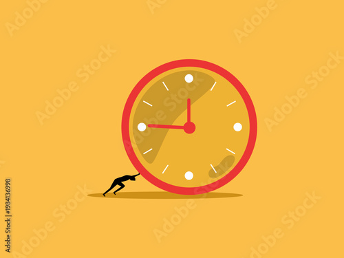 Battling the clock, a businessman pushes aside a giant watch