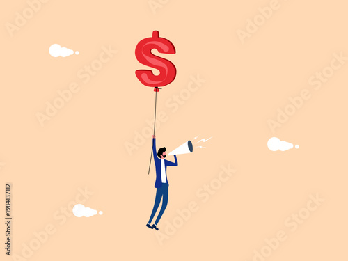 businessman flew in a money balloon and spoke through a megaphone