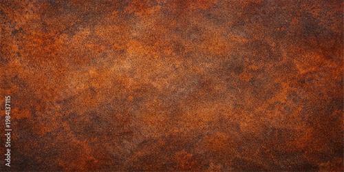 A vintage textured background of old rusty metal features a brown and orange grunge surface with heavy iron corrosion and a rough metallic pattern