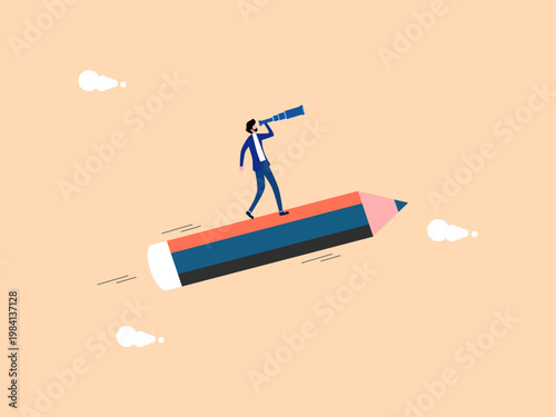 Aspiring businesspeople seek new opportunities on a flying pencil