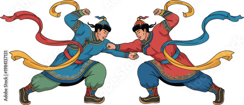 Two Mongolian athletes wrestling in traditional folk attire with flowing ribbons on a white background