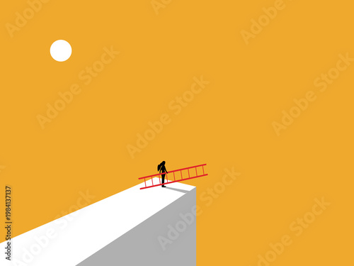 businesswoman holds a ladder on a cliff, trying to find a way to continue.