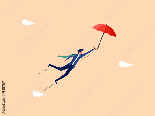 businessman flew safely to a high altitude using a red umbrella