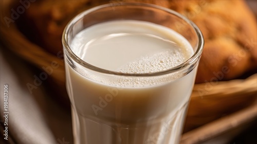 Close-up of fresh, creamy milk filling a clear glass cup with light reflections