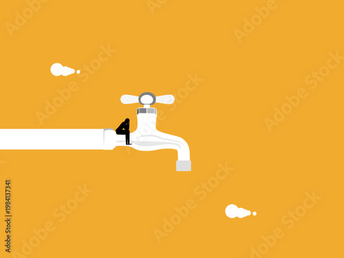 businessman sat stressed out because there was no water flowing from the tap
