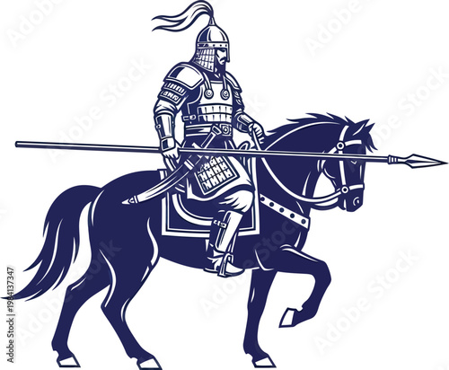 Vector illustration of a medieval armored warrior riding a horse holding a long spear