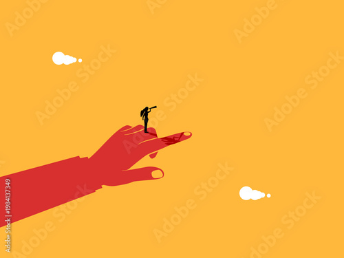 businesswoman used binoculars and her top advisor hand to point at the target