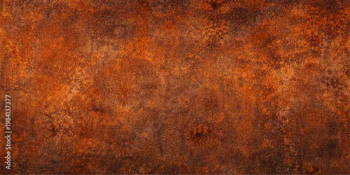 A vintage aged iron wall displays a rough textured pattern of orange and brown rust on a grungy metallic surface, creating a dirty old steel background with a weathered material design