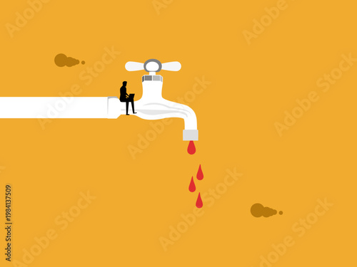 business person used a laptop to control the water flow from the faucet