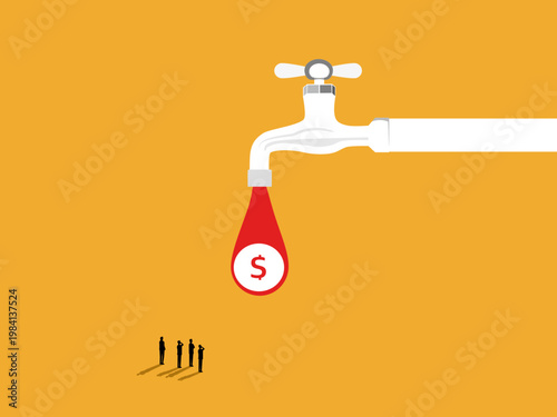 business team is waiting to receive the money, having turned on the tap from which the money is flowing.