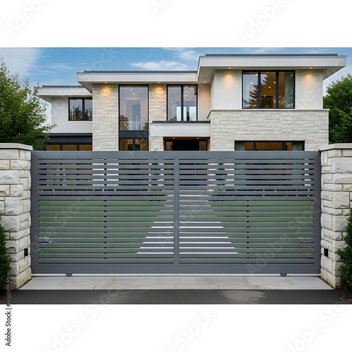 Modern Home Security - Gray Sliding Gate and Contemporary House Facade.