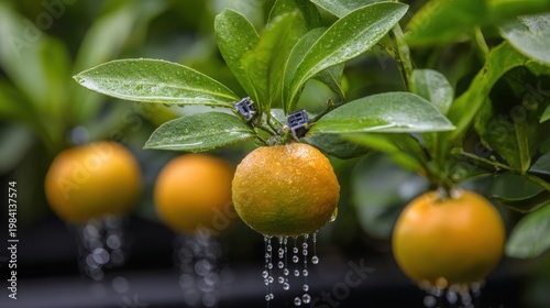 Close-up of a ripe orange on a tree branch with micro-irrigation delivering water droplets