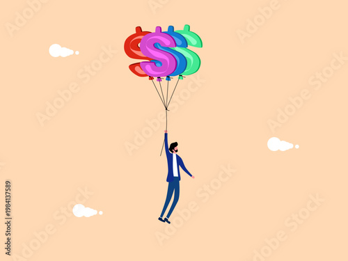 Businessmen flying with money balloons, finance and investment.