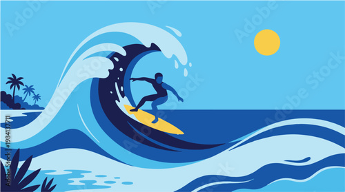 SURFER RIDING BIG OCEAN WAVE ON SUNNY TROPICAL BEACH BACKGROUND