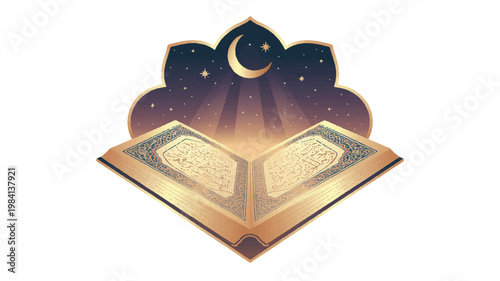 Open holy quran book under a crescent moon and starry night sky with islamic art light rays arabian nights religious spirituality illustration