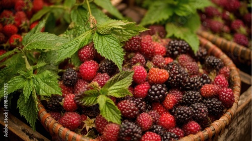 A close-up view of a woven basket filled with a vibrant mix of ripe raspberries and blackberries, garnished with fresh green leaves.