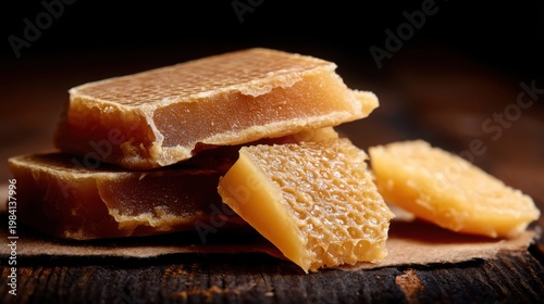 Close-up of natural beeswax melting, showcasing intricate honeycomb texture and golden color