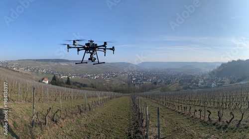Agricultural drone with advanced sensors flying over a vast vineyard, capturing data for modern farming techniques and crop monitoring.
