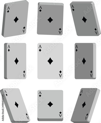 Ace of Diamonds Playing Cards in Various Rotated Perspectives on White Background, Flat Design Vector Illustration
