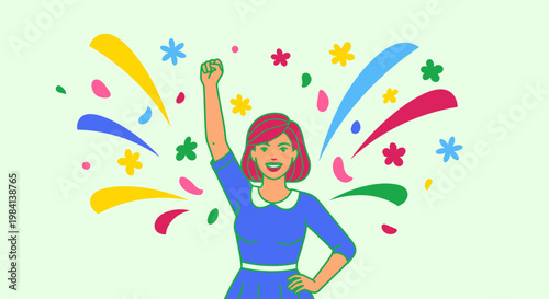 Woman celebrating with colorful confetti and stars.