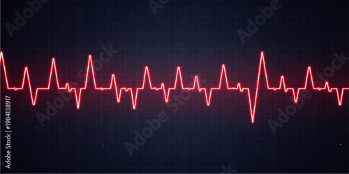 A medical monitor displays a heart beat cardiogram and electrocardiogram rhythm wave showing a healthy life pulse rate on a cardiology hospital EKG graph illustration