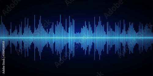 Blue digital sound wave equalizer background with audio waveform lines and technology design