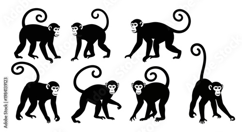 Set of seven black monkey silhouettes with curled tails on white background