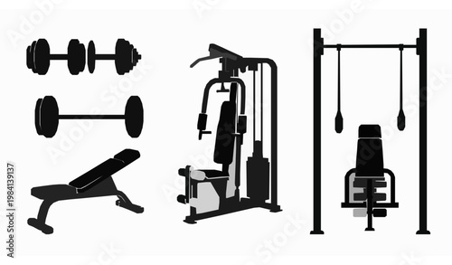 Gym Fitness Equipment Silhouette Set with Dumbbells Barbell and Training Machines Vector Illustration