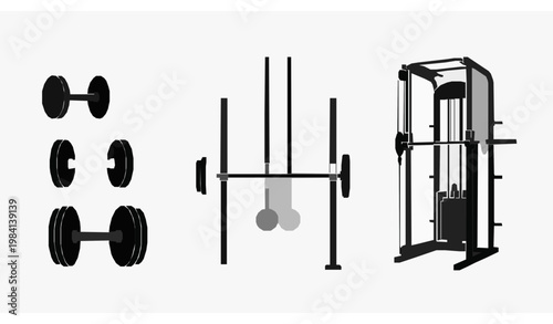 Sports Training Equipment Silhouette Collection with Gym Tools and Strength Machines Vector Set