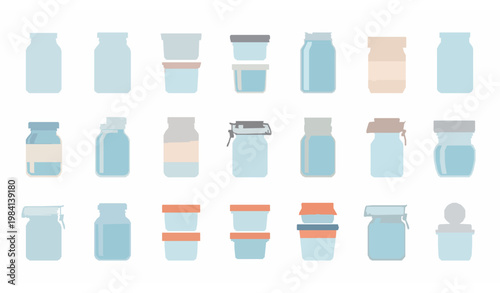 Collection of Assorted Storage Jars and Containers with Various Shapes and Lids Vector Illustration Set