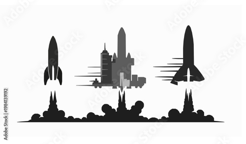 Futuristic Rocket Launch Silhouette Set Showing Space Mission Stages Vector Illustration Collection