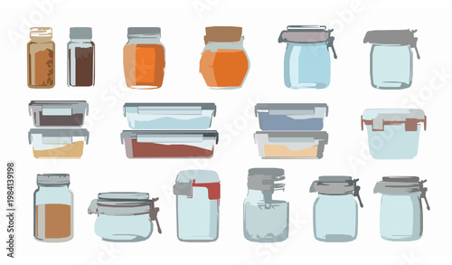Kitchen Storage Containers and Jars with Different Shapes and Lids Isolated Vector Set
