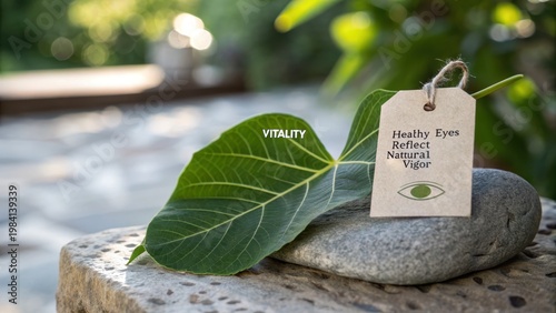 Leaf on Stone with Tag Illustrating Healthy Eyes and Vitality Quote
