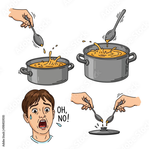 Person reacting with shock and panic as spoons cause hot soup to splash from pot onto stove top making mess.